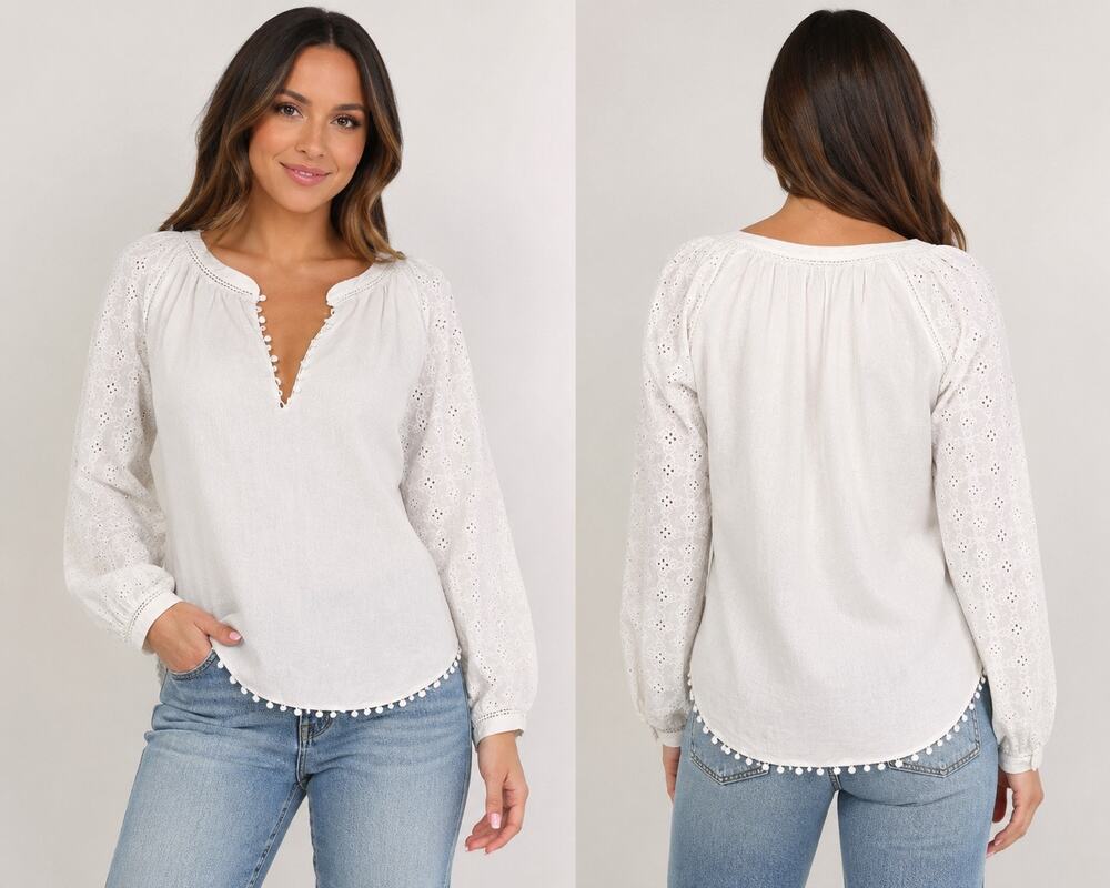 Purotatto Italy White Linen Blend Eyelet Sleeve Boho Blouse Size Small Oversized